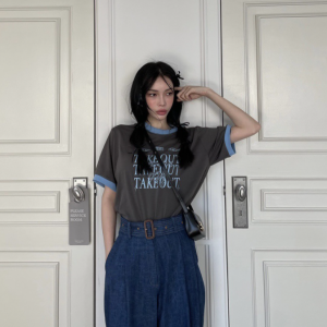 Simple color block round neck letter print short-sleeved T-shirt